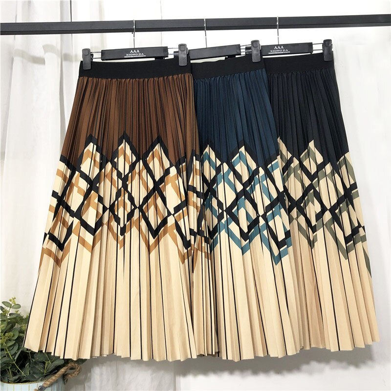 Geometric Striped Skirts For Women 2022 Summer OL Black Pleated Skirt Casual A-Line Patchwork Print Midi Skirt Autumn Winter New