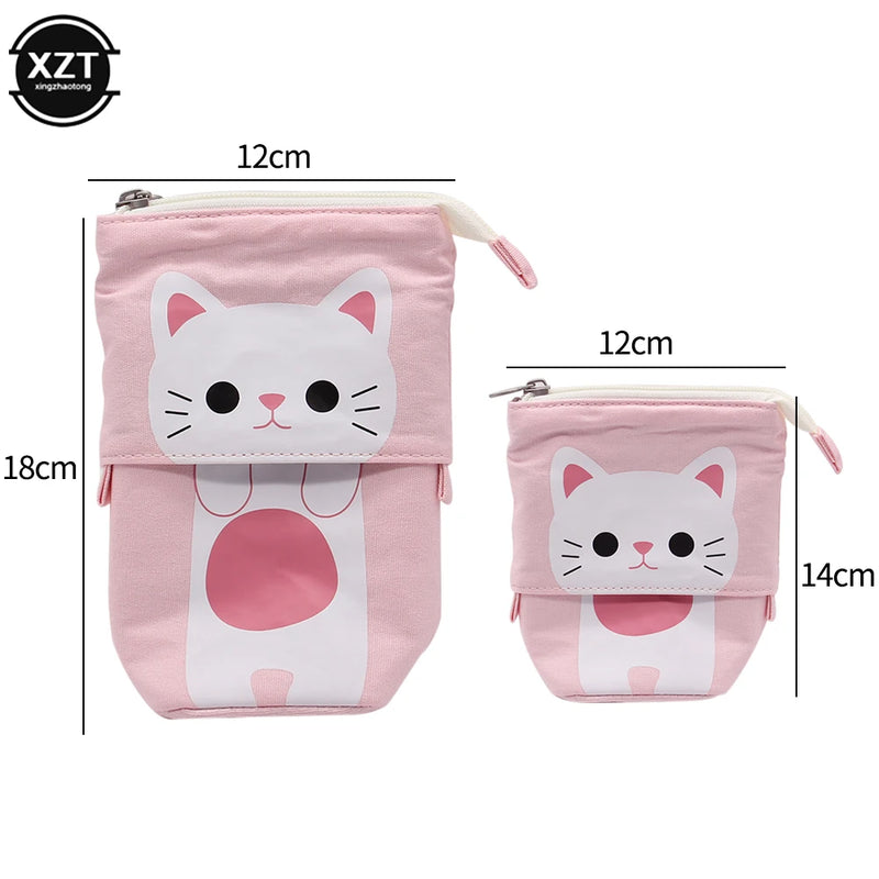 Canvas Cartoon Cute Pencil Bag Retractable Fabric Pencil Case Fold Standing Holder Kawaii Stationery School Supplies Kids Gift