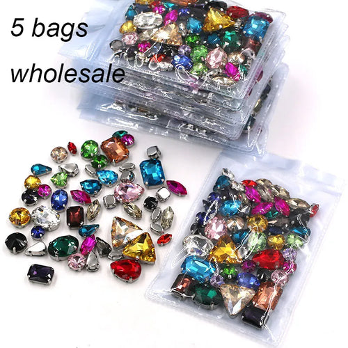 Hot Sale Großhandel 5 Beutel gemischte Form Mix Farben silberne Basis zum Aufnähen Glas Kristall Strasssteine für Kleidung/Hochzeitskleid