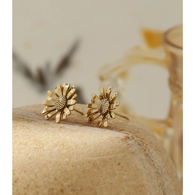 Yhpup Statement Metal Daisy Flower Stud Earrings Stainless Steel Golden Texture Fashion Chic Jewelry Orecchini Donna бижутерия