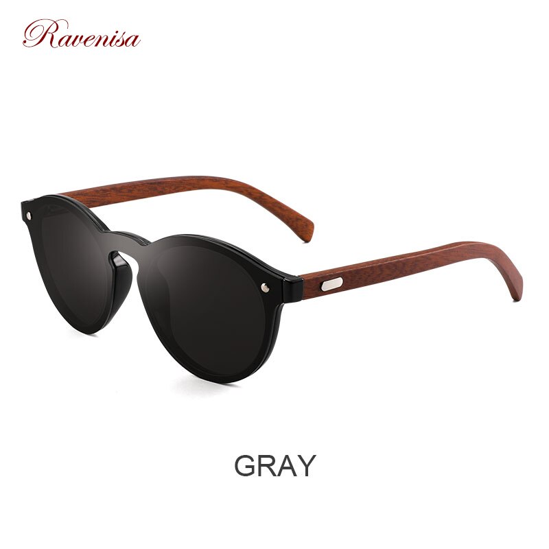 RAVENISA  Vintage Round  Wood Sunglasses Mono Green Lenses Sun Glasses For Men Women Wooden Eyewear