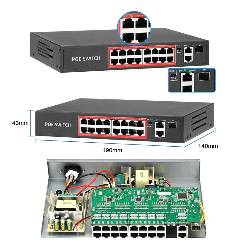 Techage 48V 4CH 8CH 16CH Network POE Switch With 10/100Mbps IEEE 802.3 af/at Over Ethernet For IP Wireless AP CCTV Camera System