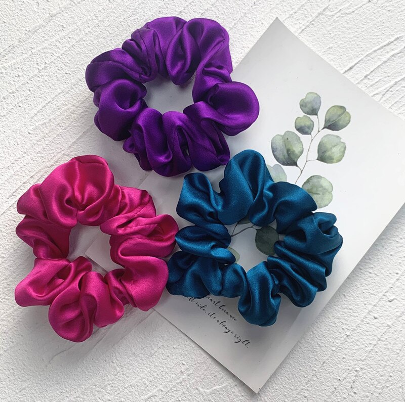 100% Pure Silk Hair Scrunchie Width 3.5cm Hair Ties Band Girls Ponytail Holder Luxurious Colors Sold by one pack of 3pcs