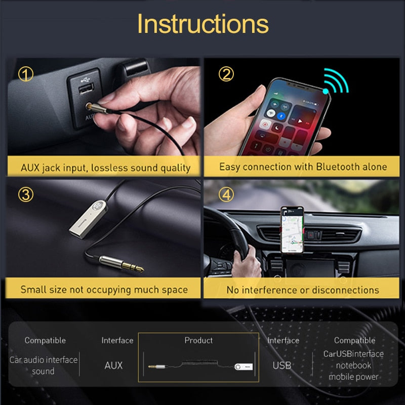 Baseus AUX Bluetooth Adapter Car 3.5mm Jack Dongle Cable Handfree Car Kit Audio Transmitter Auto Bluetooth 5.0 Receiver