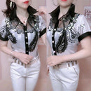 Long-sleeved Female Bottoming Shirts Women's Spring Summer Foreign Hot Drill Lace Stitching Chiffon Shirt Floral Mesh Top Blouse