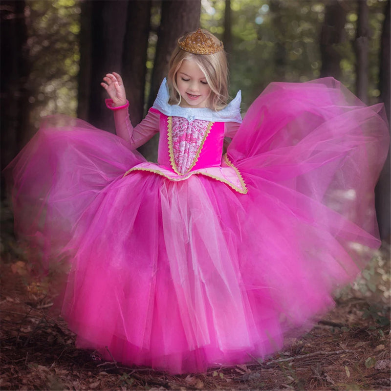 Halloween Sleeping Beauty Costume Summer Girls Aurora Dress Fluffy Girls Off Shoudler Pink Dresses Fancy Fairy Princess Dress Up