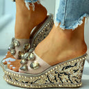 Doratasia Markendesign Damen Kristalle Nieten transparente Plateau High Heels Freizeit Slipper Keilsandalen Damen Sommerschuhe weiblich