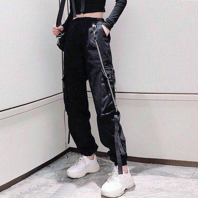 Women's Cargo Pants Buckle Ribbon Pocket Jogger Elastic Waist High Hip Hop Streetwear Harajuku Pant Chain Females Trousers