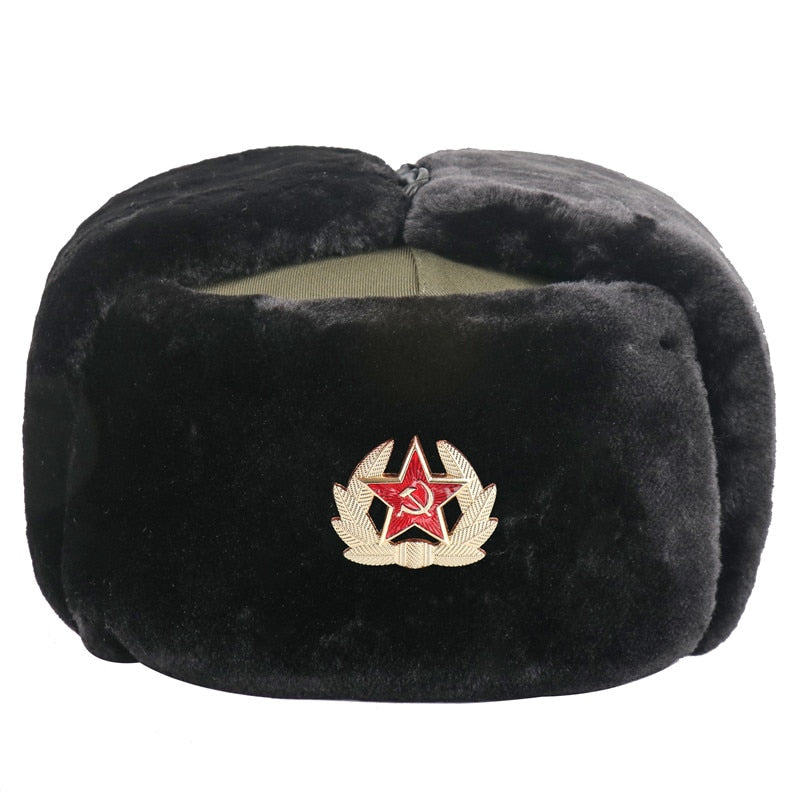 Soviet Badge Russia Ushanka Men Winter Bomber Hats Pilot Faux Fur Earflap Trapper Trooper Hat Russian National Emblem Snow Hats