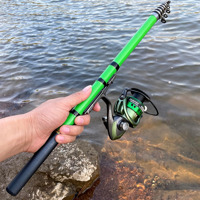 Fishing Rod and Reel Set Carbon Telescopic Fishing Rod Pole with 5.5:1 Metal Spool Spinning Reel Freshwater Kits