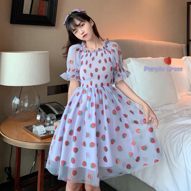 Strawberry Dress Women French Style Lace Chiffon Sweet Dress Casual Puff Sleeve Elegant Printed Kawaii Dress Women 2022 New