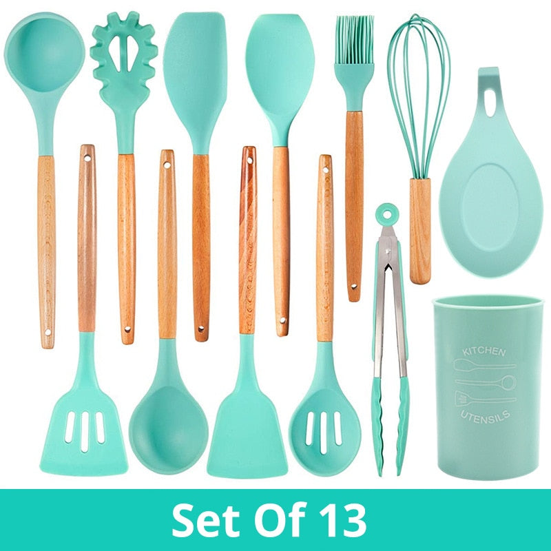 Silicone Cooking Utensils Kitchen Utensil Set - Non-stick Spatula Shovel Natural Acacia Wooden Handle Kitchen Tools