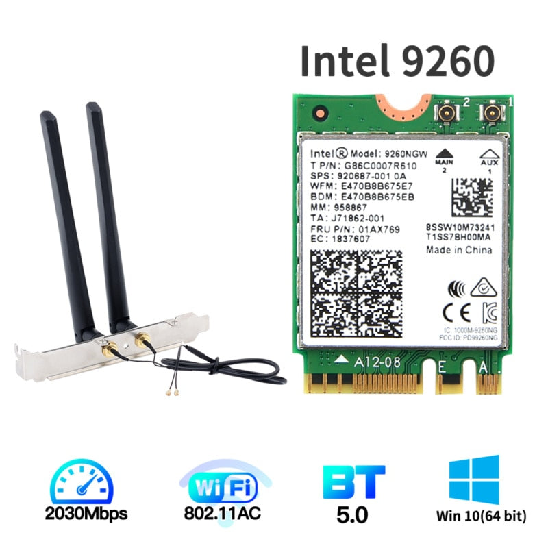 1730Mbps For Intel Dual Band Card Desktop Kit Bluetooth 5.0 802.11ac M.2 9260NGW Card With 2x 6 DBI Antenna For Win10 Laptop