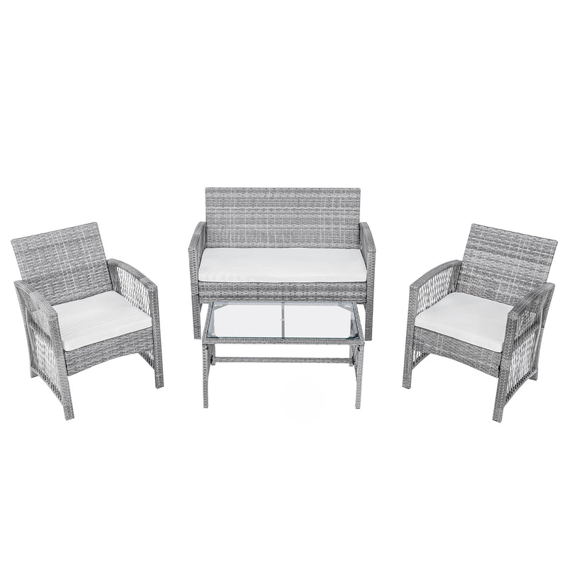 4Pcs Outdoor Patio Furniture Set 3 Rattan Chair Sofa &amp;1 Coffee Table for Garden Backyard Porch&amp;Poolside Gray[US-Stock]