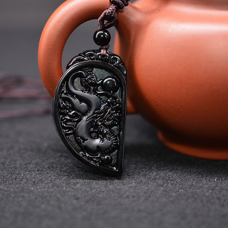 1 Set Obsidian Carving Dragon and Phoenix Necklace Pendant YIN YANG Pendant Necklace Obsidian Lucky Pendants