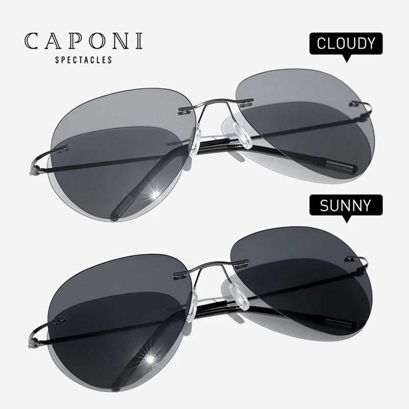 CAPONI Rimless Avation Sun Glasses For Men Discoloration Driving Fishing Polarized Sunglasses Light Weight Shades Male BS7466