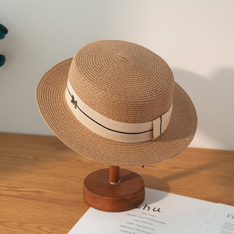 Women Straw Hats Panama Wide Brim Jazz Hat Summer Hat Ladies Sun Hat Simple Flat Top Hat