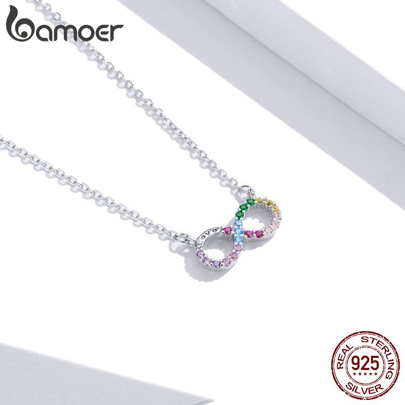 bamoer Genuine 925 Sterling Silver Rainbow Color Infinite Love Short Chain Necklace for Women Girl Gift Collar 2020 New SCN402