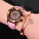 Women Watch set 2 pcs Flower Rhinestone Leather Straps Casual ladies Wristwatches Quartz Watches Female Gifts Relogio Feminino