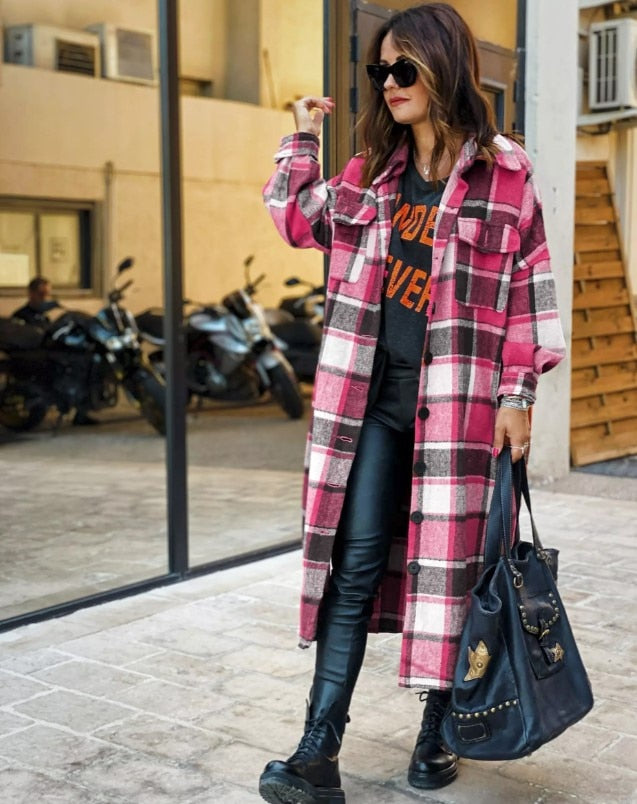 Women's Fashion Long Plaid Coat Autumn Shirt Coat Woolen Coat Streetwear Women Clothing Loose Coat Female Casual Jacket