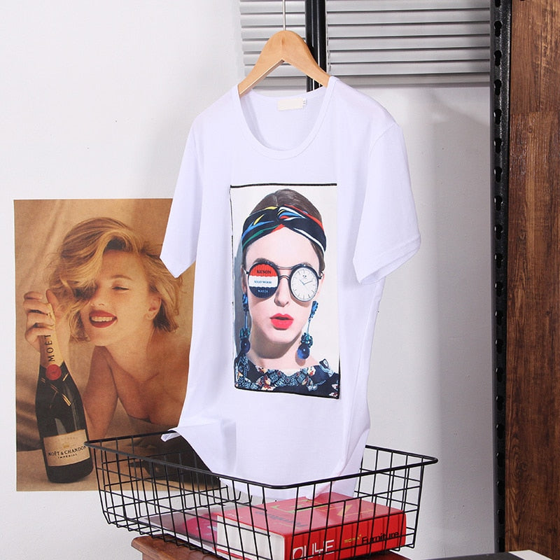 Summer Women's white clothes 2021 new Fashion Europe style Loose lady T-shirts black Printing Appliques Comfortable tops Female