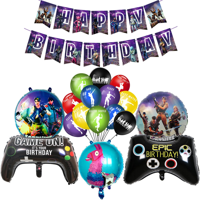 Fortnitioned Party Decoration Shooting Game Alpaca Banner Happy Birthday Party Decor Balloon Gamepad Baloon Kids Toy Favors