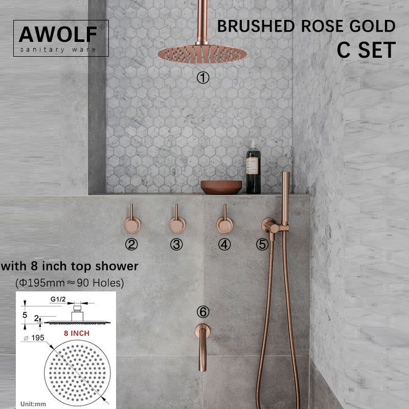 Bathroom Shower Set Brushed Rose Gold Simplicity Solid Brass Shower Faucet Shower Bath Mixer Tap Black And Chrome Color AH3023