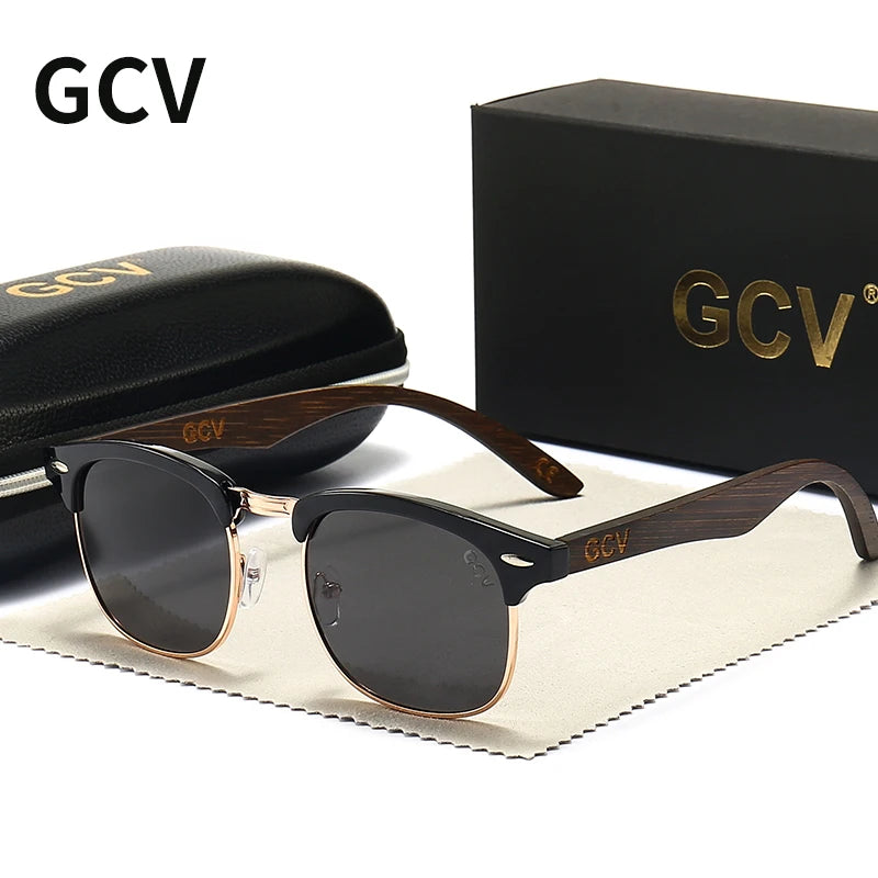 GCV Handmade Classic Leading Par Wooden Sunglasses Men Women Polarized UV400 Protection Semi-Rimless Retro Eyewear Oculos Party