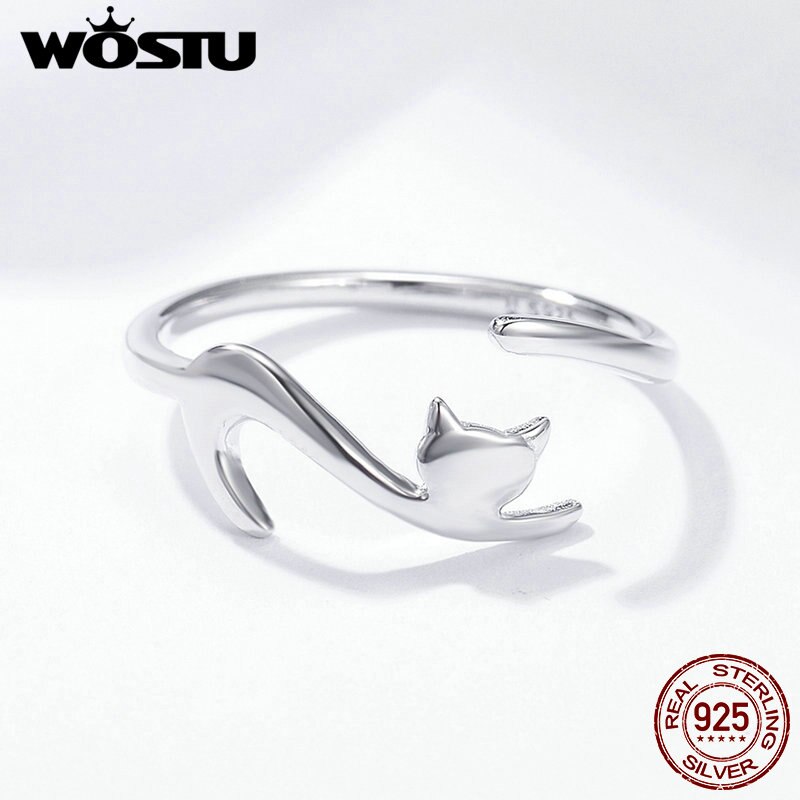 WOSTU 925 Sterling Silver Sticky Cat with Long Tail Finger Ring For Women Adjustable S925 Silver Ring Jewelry Gift CQR220