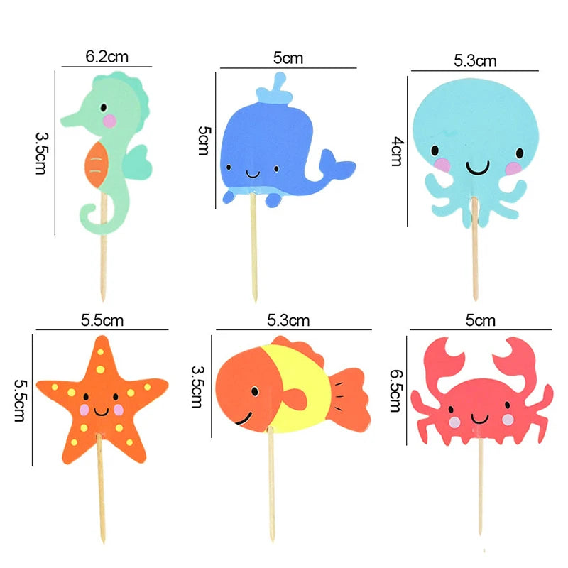 24pcs Ocean Animal Cupcake Toppers Under the Sea Party Cake Flags Boy Baby Shower Mermaid Theme Birthday Party Cake Decorations