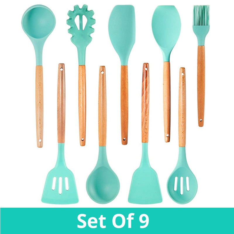 Silicone Cooking Utensils Kitchen Utensil Set - Non-stick Spatula Shovel Natural Acacia Wooden Handle Kitchen Tools