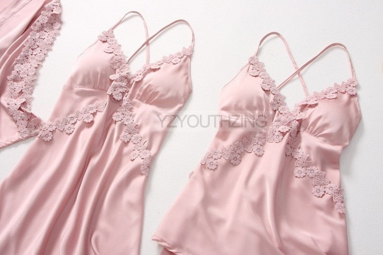 5PCS Robe Suit Satin Women Nightwear Lace Kimono Gown Bridal Wedding Bathrobe Set Sexy Pajamas V-Neck Sleepwear Lounge Lingerie