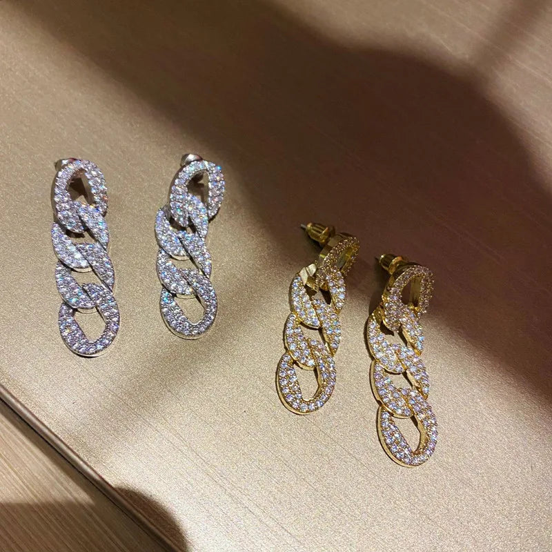 Cuba Bling Rhinestone Drop Earrings Exaggerated Long Chain Tassel Dangle Earrings for Women Retro Punk Club Party Jewelry
