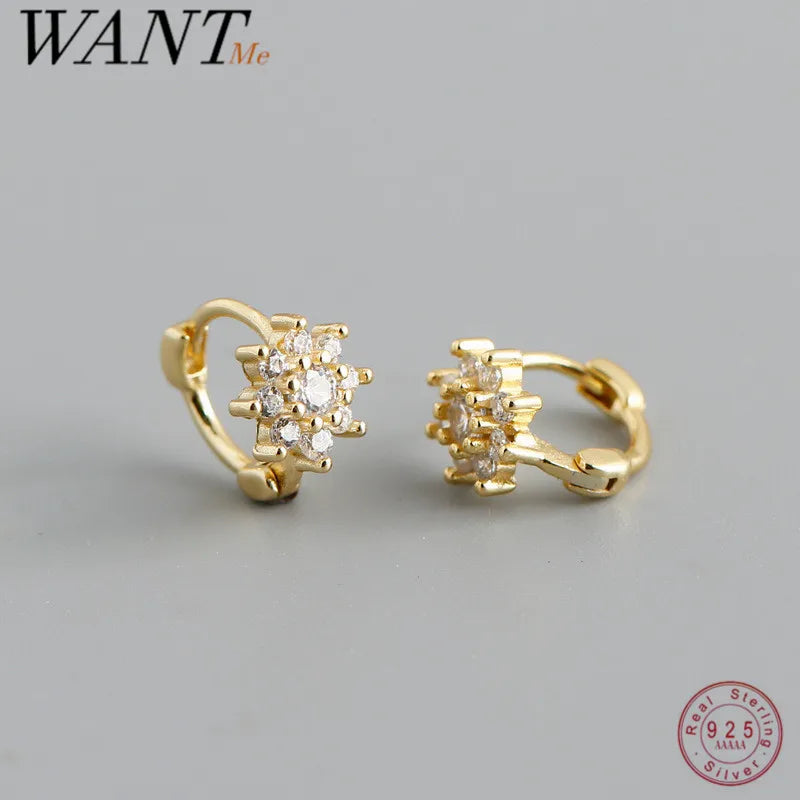 WANTME 925 Sterling Silver Luxury Zircon Romantic Flower Huggies Hoop Earring for Women Shiny Piercing Clips Loops Party Jewelry