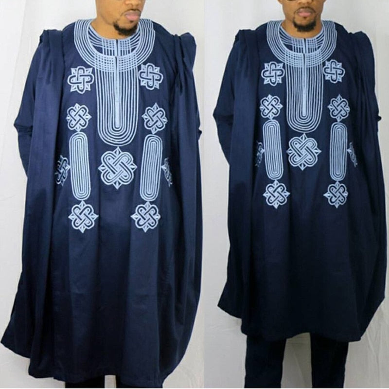 H&amp;D African Suit For Men Robe Shirt Pants Set Long Sleeve Tops Embroidery Agbada Clothes Boubou Africain Homme Traditional Robes