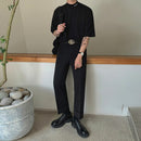 Letter Embroidered Black T-shirt Men Korean Loose Half Turtleneck Tees Boy 2022