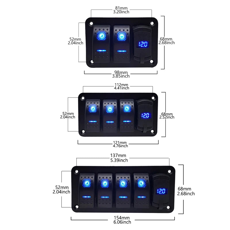 3/4/5 Gang ON Off Rocker Switch Panel with 4.2A Dual USB Charger Socket LED Digital Voltmeter Car Marine Boat LED Switch  Panel