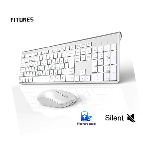 Russische kabellose Tastatur, ergonomisches Design, wiederaufladbare Maus, 2400 DPI, kabelloses, geräuschloses Design, stabile Verbindung, Silber-Weiß