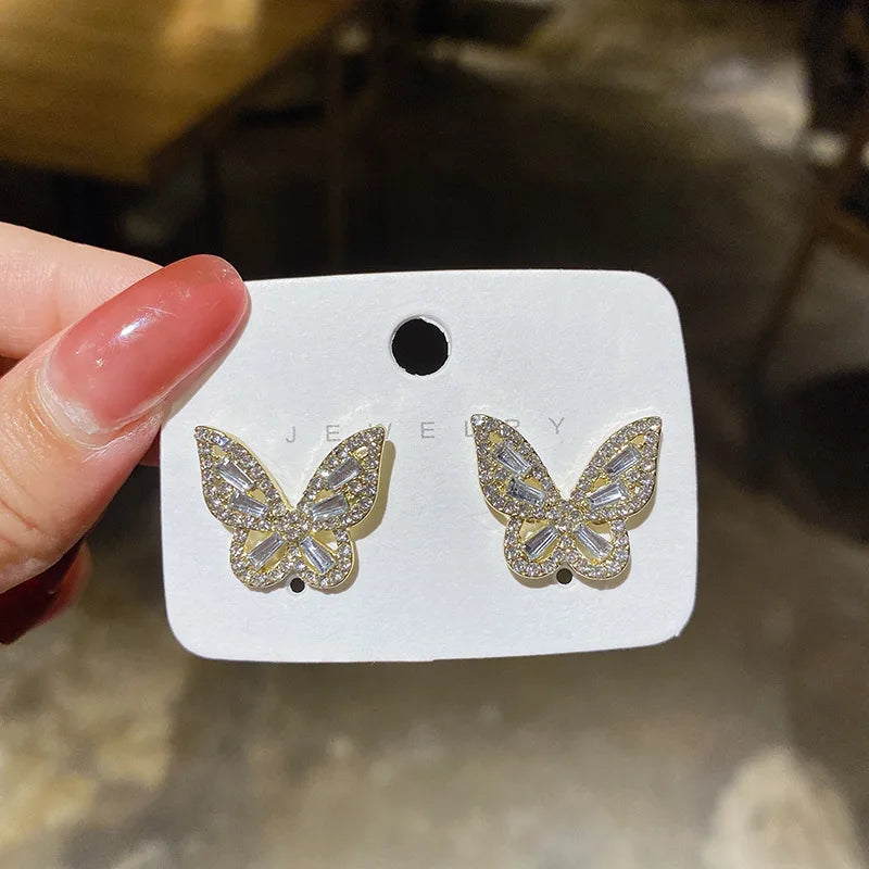 JWER Bling Earrings For Women Butterfly Zircon Ear Jewelry Vintage Wedding Earrings Student Ladies Silvery Wholesale Female