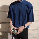 Letter Embroidered Black T-shirt Men Korean Loose Half Turtleneck Tees Boy 2022