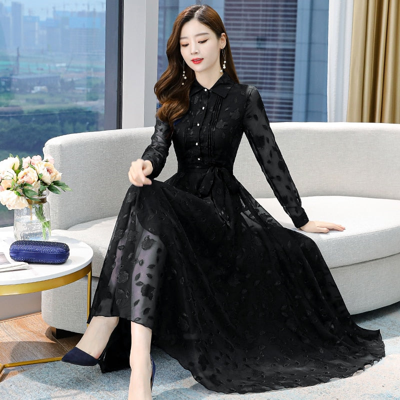 2023 Elegant Pink Midi Dress Autumn Winter Vintage Solid Casual Chiffon Maxi Dress Women Bodycon Party Black Night Wedding Dress