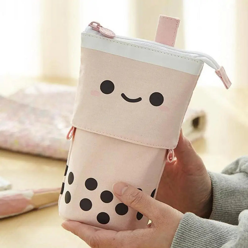 1 Set Cute Boba Milk Tea Telescopic Pen Bag Pencil Holder Stationery Case Stand Up Pencil Case Stationery Pouch Box For Students