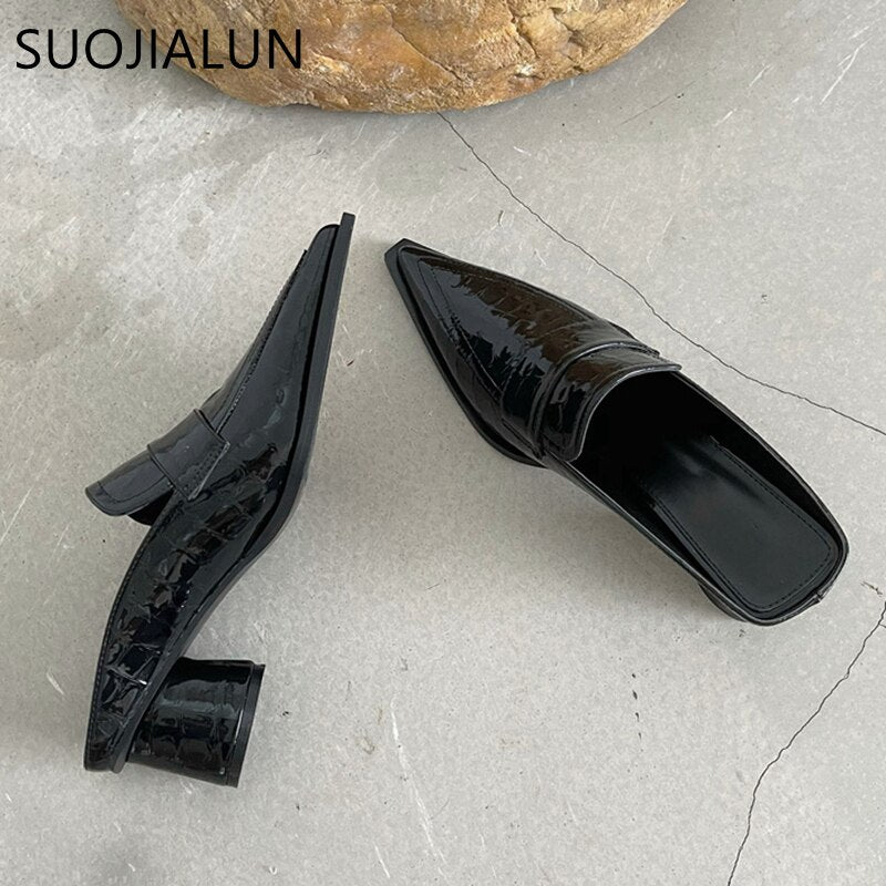 SUOJIALUN 2021 Spring Women Slipper Square Med Heel Slip On Mules Pointed Toe Stone Pattern Sandal Female Casual Slides Shoes