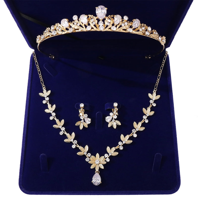 Luxury Crystal Pearl Leaf Bridal Jewelry Sets Rhinestone Crown Tiaras Necklace Earrings Set for Bride African Beads Jewelry Sets