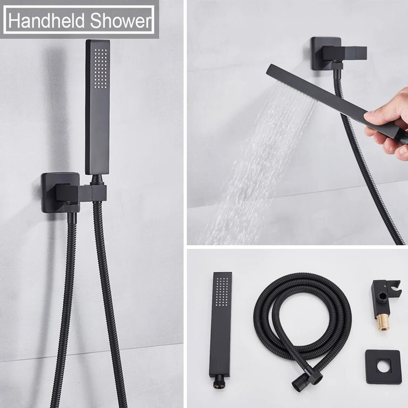 Matte Black  Rain Waterfall Shower Set Thermostatic Mixer Bath Shower Mixer Tap 3 ways Shower Faucet Wall Mounted