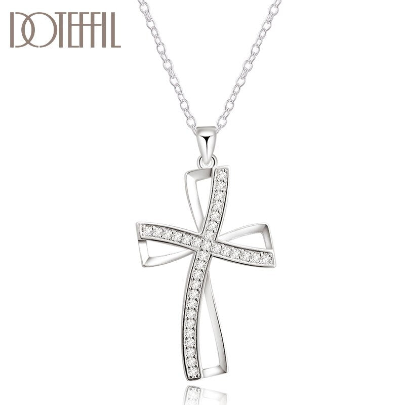 DOTEFFIL 925 Sterling Silver 18 Inches Cross AAA Zircon Pendant Necklace For Women Fashion Wedding Party Charm Jewelry