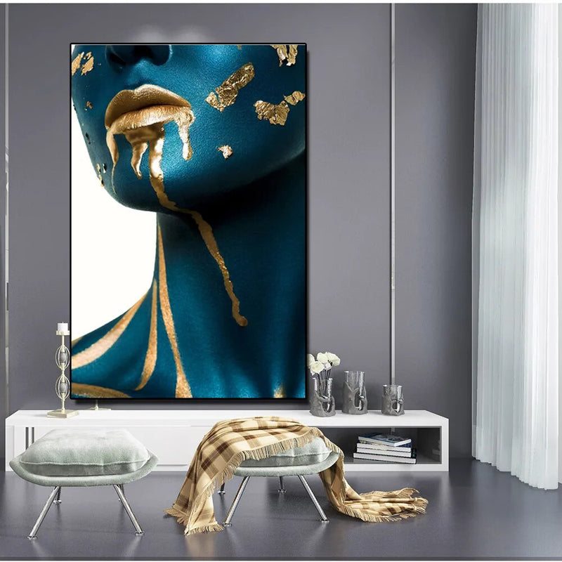 Decorative Paintings Golden Blue Girls Posters and Prints Makeup Women Canvas Painting Nordic Wall Paintings Cuadros for Parlour