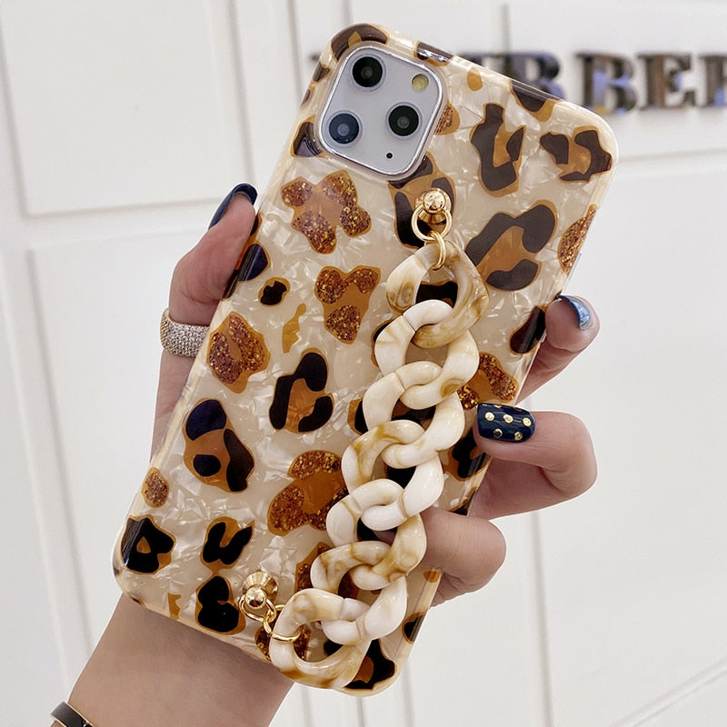 Leopard Print Bling Crystal Shell Marble Bracelet Hand Strap Case Cover For Samsung Galaxy NOTE 20 Ultra 10 9 8 S21/20/10/9 Plus