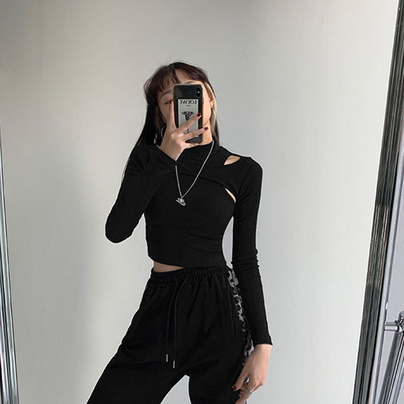 Hollow Knitted Crop Tops Women New Fitness Fake Two-piece T-shirt Female Black White Long Sleeve Tops