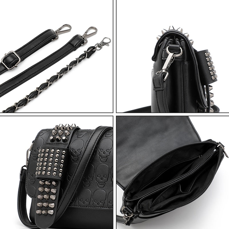 JIETOTYX Women Black Leather Messenger Bags Single Skull Rivet Shoulder Bags Sac A Main Bolsa Black Vintage Sexy Bag Lady Drop